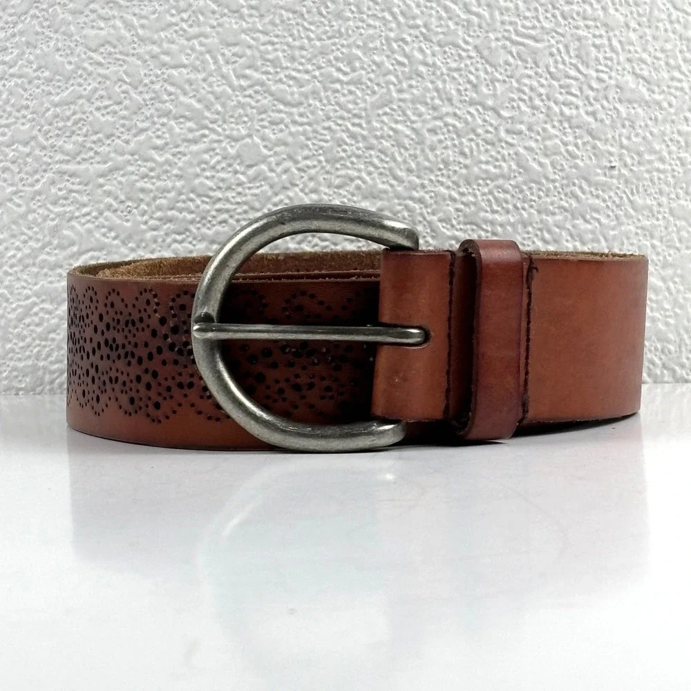 Leather Belt Womens M Brown Perforated Floral Boho Buckle Western Cottagecore